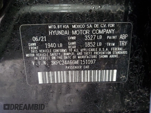 2021 Hyundai Accent SE with VIN 3KPC24A66ME151097, listed as a Copart auction lot 57723605 with Not provided miles and Non repairable. Bid and sale history available at DreamBid. Image 13.