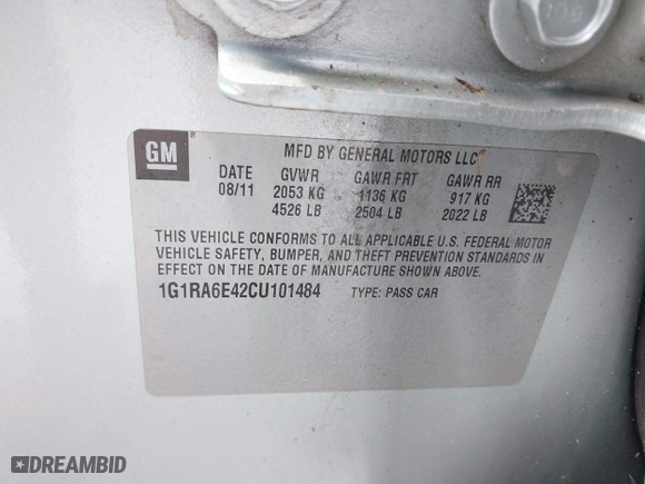 2012 Chevrolet Volt with VIN 1G1RA6E42CU101484, listed as a IAAI auction lot 42108369 with 1 mi miles. Bid and sale history available at carsss.com. Image 9.
