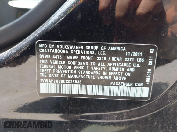 2012 Volkswagen Passat S with VIN 1VWAP7A39CC025836, listed as a IAAI auction lot 42148349 with 215,546 mi miles and . Bid and sale history available at DreamBid. Image 9.