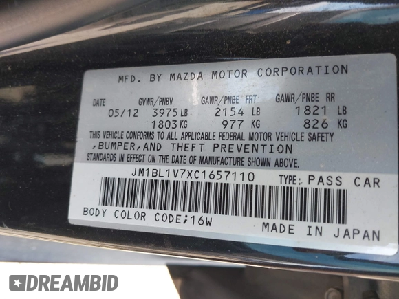 2012 Mazda 3 i Touring with VIN JM1BL1V7XC1657110, listed as a IAAI auction lot 42051095 with 120,695 mi miles and . Bid and sale history available at DreamBid. Image 9.