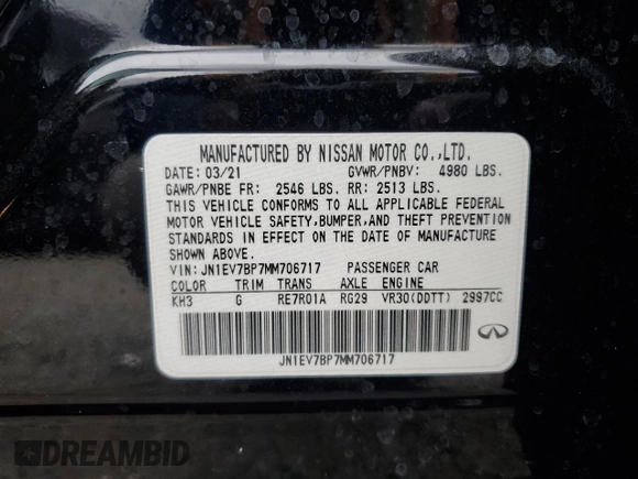 2021 Infiniti Q50 3.0t LUXE with VIN JN1EV7BP7MM706717, listed as a Copart auction lot 49763375 with 47,547 mi miles and Non Repairable. Bid and sale history available at carsss.com. Image 13.