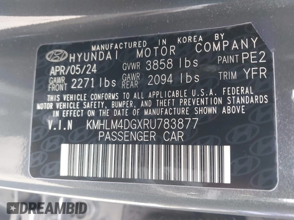 2024 Hyundai Elantra SEL with VIN KMHLM4DGXRU783877, listed as a IAAI auction lot 41892547 with 2,350 mi miles and . Bid and sale history available at DreamBid. Image 9.