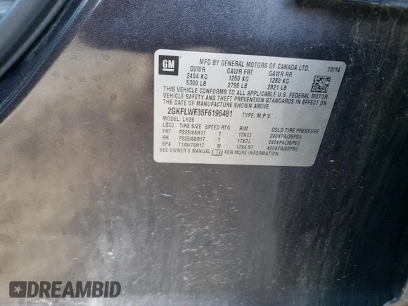 2015 GMC Terrain SLE with VIN 2GKFLWE35F6196481, listed as a Copart auction lot 83048544 with 168,546 mi miles and Clean Title. Bid and sale history available at DreamBid. Image 13.