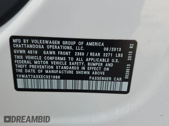 2014 Volkswagen Passat Wolfsburg Edition z VIN 1VWAT7A3XEC021986, wystawiony jako Copart lot #48819995 z przebiegiem 125 699 mil mil oraz Szkoda całkowita • Salvage title. Historia ofert i sprzedaży dostępna na DreamBid. Obrazek 15.
