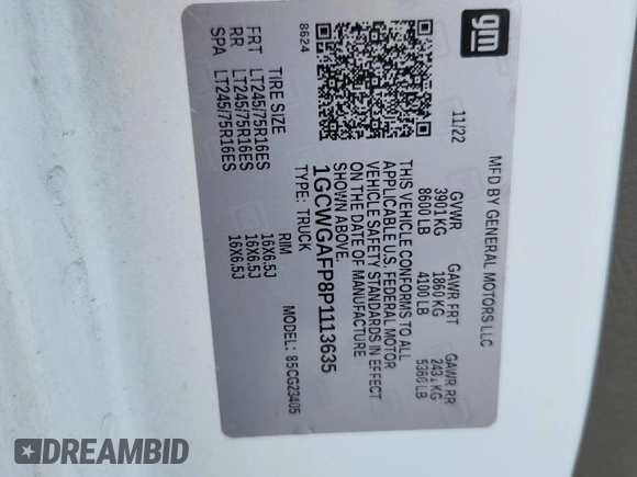 2023 Chevrolet Express Cargo with VIN 1GCWGAFP8P1113635, listed as a Copart auction lot 62947825 with 37,544 mi miles and Salvage title. Bid and sale history available at DreamBid. Image 13.