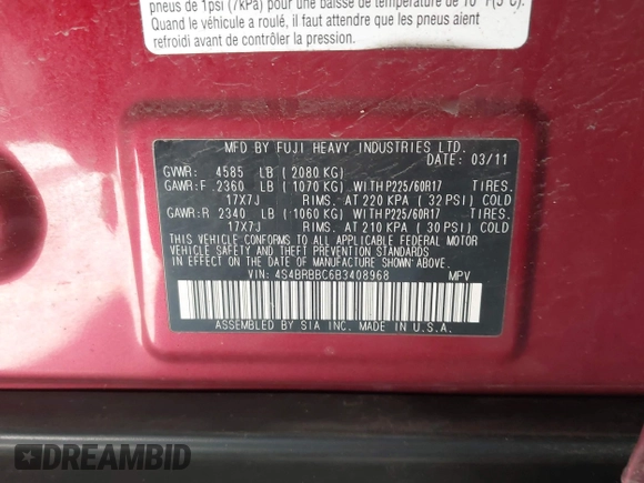 2011 Subaru Outback Prem with VIN 4S4BRBBC6B3408968, listed as a IAAI auction lot 42021407 with 231,370 mi miles and . Bid and sale history available at DreamBid. Image 9.