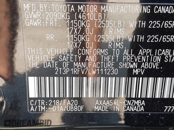 2020 Toyota RAV4 XLE with VIN 2T3P1RFV7LW111230, listed as a IAAI auction lot 40012870 with 22,444 mi miles. Bid and sale history available at carsss.com. Image 9.