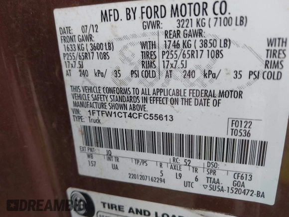 2012 Ford F-150 XL with VIN 1FTFW1CT4CFC55613, listed as a IAAI auction lot 41715383 with 236,559 mi miles. Bid and sale history available at carsss.com. Image 9.