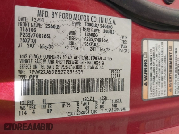 2002 Ford Explorer XLT with VIN 1FMZU63E52ZB51528, listed as a IAAI auction lot 42130332 with 182,361 mi miles and . Bid and sale history available at DreamBid. Image 9.
