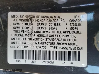 2014 Honda Civic Sedan LX with VIN 2HGFB2F51EH554736, listed as a Copart auction lot 54379215 with 166,288 mi miles and Clean Title. Bid and sale history available at carsss.com. Image 12.