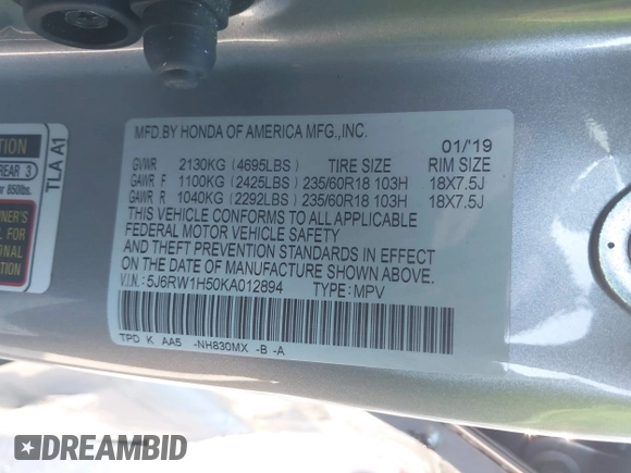 2019 Honda CR-V EX with VIN 5J6RW1H50KA012894, listed as a IAAI auction lot 42044207 with 41,129 mi miles. Bid and sale history available at carsss.com. Image 9.