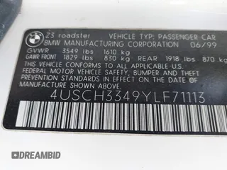 2000 BMW Z3 2.8 with VIN 4USCH3349YLF71113, listed as a IAAI auction lot 42623001 with 133,873 mi miles and . Bid and sale history available at DreamBid. Image 9.