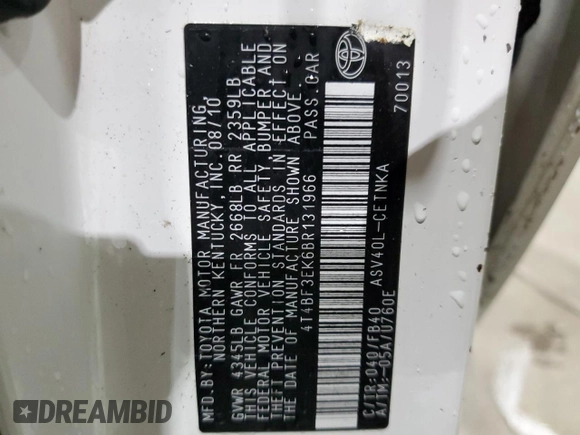 2011 Toyota Camry LE with VIN 4T4BF3EK6BR131966, listed as a Copart auction lot 58658275 with Not provided miles and Non repairable. Bid and sale history available at DreamBid. Image 12.