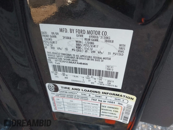2010 Ford F-150 XL with VIN 1FTEW1C86AFA48466, listed as a IAAI auction lot 41236238 with 1 mi miles. Bid and sale history available at carsss.com. Image 9.