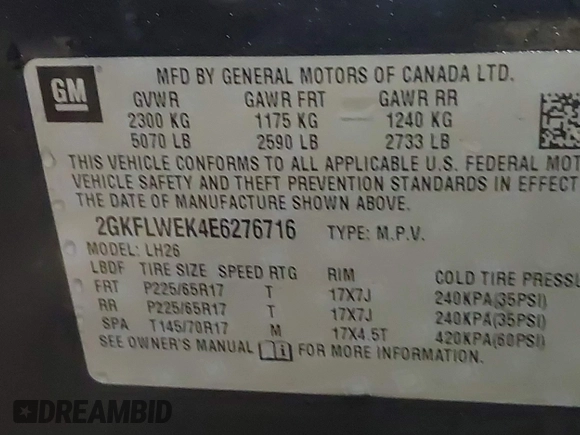 2014 GMC Terrain SLE with VIN 2GKFLWEK4E6276716, listed as a IAAI auction lot 41561770 with Not Provided miles and . Bid and sale history available at carsss.com. Image 9.