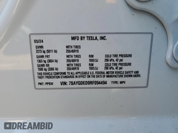 2024 Tesla Model Y with VIN 7SAYGDED9RF094494, listed as a Copart auction lot 50298115 with 7,858 mi miles and Salvage Title. Bid and sale history available at DreamBid. Image 12.