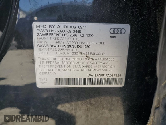 2015 Audi Q5 Premium Plus with VIN WA1LFAFP1FA037626, listed as a Copart auction lot 53302385 with 174,878 mi miles and Clean Title. Bid and sale history available at carsss.com. Image 13.