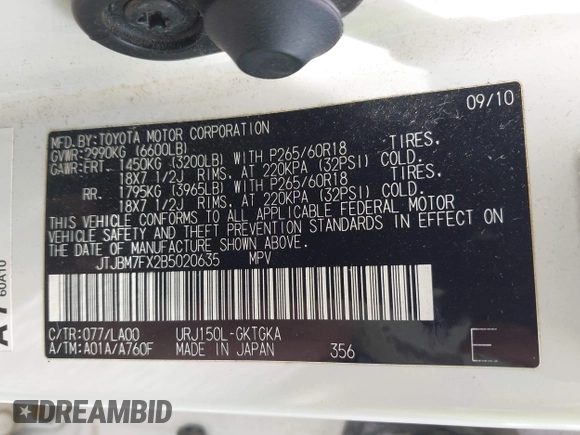 2011 Lexus GX 460 with VIN JTJBM7FX2B5020635, listed as a IAAI auction lot 42663871 with 198,909 mi miles and . Bid and sale history available at DreamBid. Image 9.