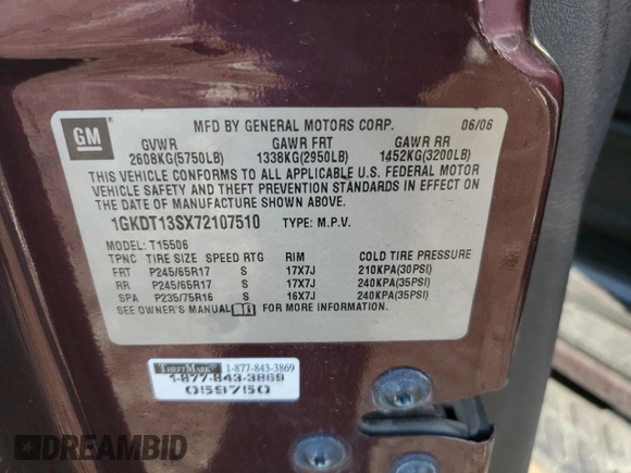 2007 GMC Envoy SLT with VIN 1GKDT13SX72107510, listed as a Copart auction lot 73031874 with Not Provided miles and Salvage Title. Bid and sale history available at DreamBid. Image 15.