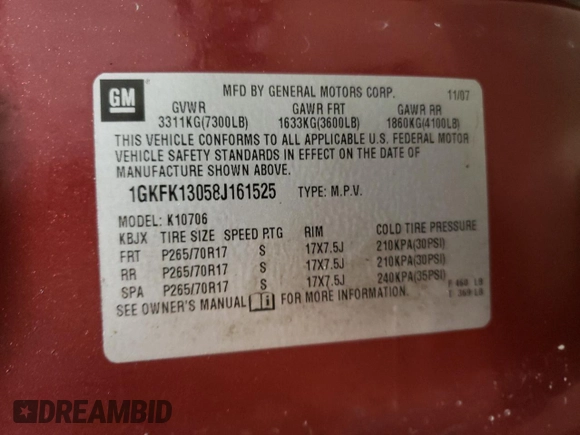 2008 GMC Yukon SLE w/3SB with VIN 1GKFK13058J161525, listed as a Copart auction lot 50884574 with 191,604 mi miles and Salvage Title. Bid and sale history available at carsss.com. Image 15.