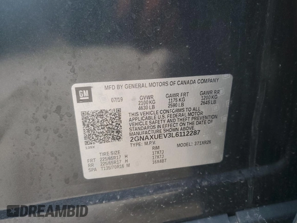 2020 Chevrolet Equinox LT with VIN 2GNAXUEV3L6112287, listed as a Copart auction lot 53550415 with 103,925 mi miles and Salvage Title. Bid and sale history available at DreamBid. Image 13.