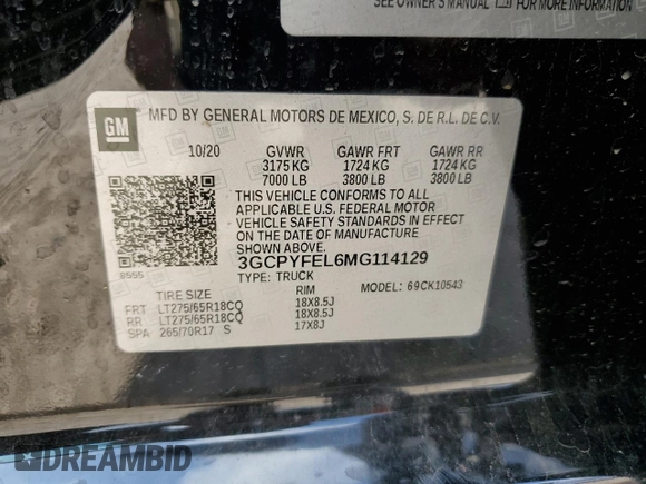 2021 Chevrolet Silverado 1500 LT Trail Boss with VIN 3GCPYFEL6MG114129, listed as a Copart auction lot 55055105 with 77,564 mi miles and Salvage Title. Bid and sale history available at DreamBid. Image 12.