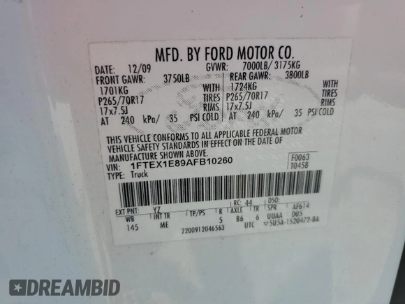 2010 Ford F-150 XL with VIN 1FTEX1E89AFB10260, listed as a Copart auction lot 57491885 with 185,044 mi miles and Salvage title. Bid and sale history available at DreamBid. Image 12.