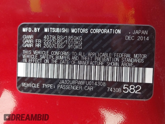 2015 Mitsubishi Lancer GT with VIN JA32U8FW9FU014308, listed as a IAAI auction lot 41982416 with 227,574 mi miles. Bid and sale history available at carsss.com. Image 9.