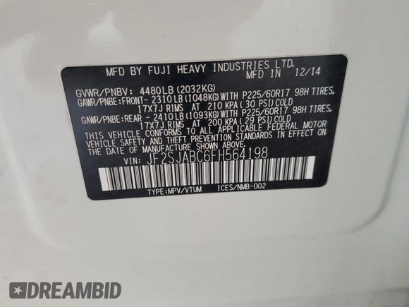 2015 Subaru Forester 2.5i with VIN JF2SJABC6FH564198, listed as a Copart auction lot 45334925 with 72,427 mi miles and Salvage Title. Bid and sale history available at carsss.com. Image 13.