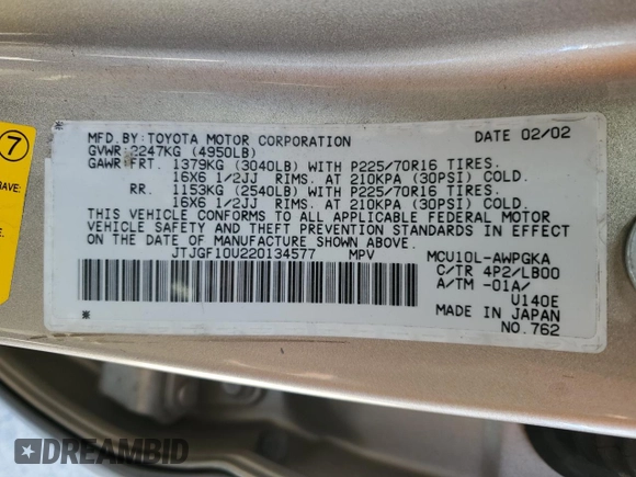 2002 Lexus RX 300 with VIN JTJGF10U220134577, listed as a Copart auction lot 61478865 with 162,872 mi miles and Salvage title. Bid and sale history available at DreamBid. Image 14.