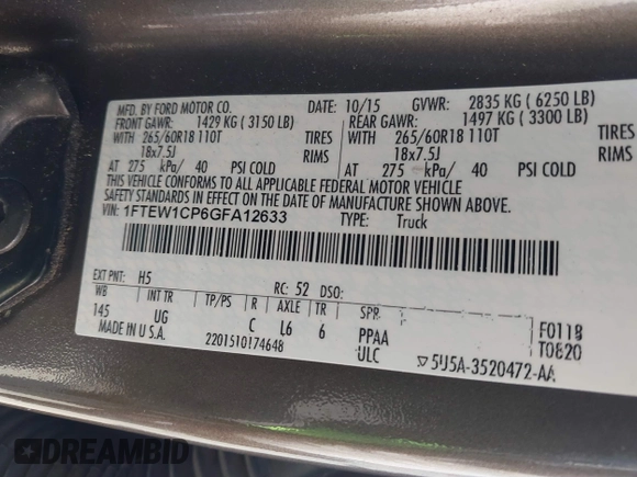 2016 Ford F-150 XL with VIN 1FTEW1CP6GFA12633, listed as a IAAI auction lot 39974283 with 232,058 mi miles and . Bid and sale history available at carsss.com. Image 9.