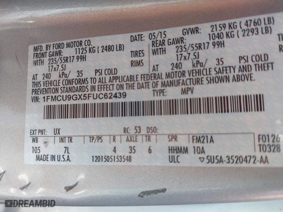 2015 Ford Escape SE with VIN 1FMCU9GX5FUC62439, listed as a IAAI auction lot 42066128 with 137,845 mi miles. Bid and sale history available at carsss.com. Image 9.