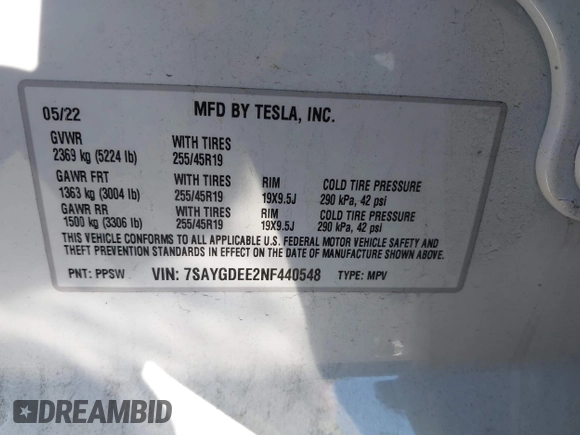 2022 Tesla Model Y Long Range with VIN 7SAYGDEE2NF440548, listed as a IAAI auction lot 41360276 with 19,714 mi miles and . Bid and sale history available at carsss.com. Image 9.