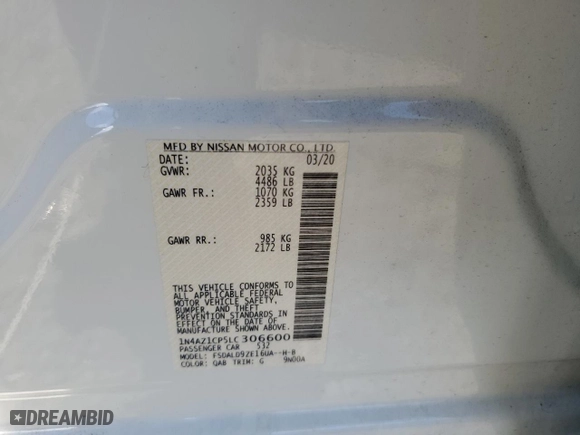 2020 Nissan LEAF SV with VIN 1N4AZ1CP5LC306600, listed as a Copart auction lot 82228604 with 0 mi miles and Salvage Title. Bid and sale history available at carsss.com. Image 12.