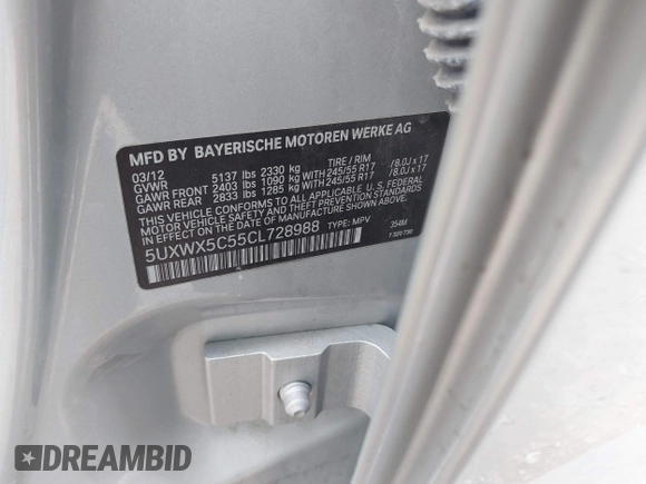 2012 BMW X3 28i with VIN 5UXWX5C55CL728988, listed as a IAAI auction lot 42050354 with 218,637 mi miles and . Bid and sale history available at DreamBid. Image 9.