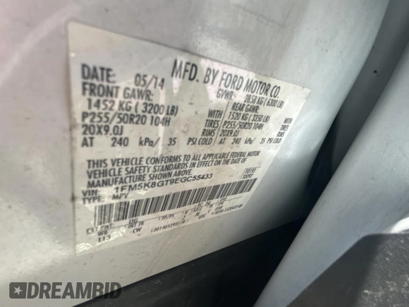 2014 Ford Explorer Sport with VIN 1FM5K8GT9EGC55433, listed as a Copart auction lot 61199495 with 96,843 mi miles and Clean title. Bid and sale history available at DreamBid. Image 10.