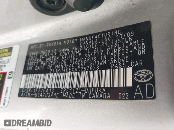 2010 Toyota Matrix with VIN 2T1KU4EEXAC287878, listed as a IAAI auction lot 42035415 with 283,726 mi miles. Bid and sale history available at carsss.com. Image 9.