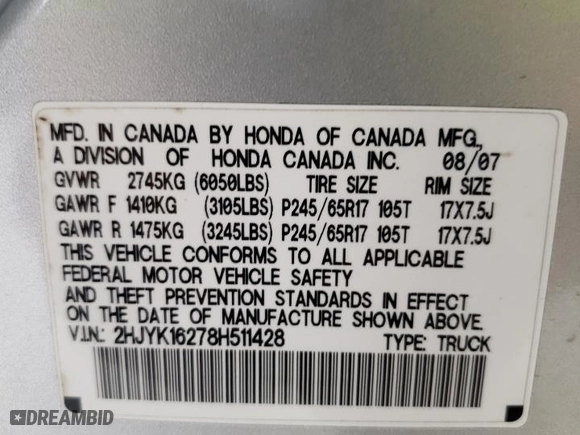 2008 Honda Ridgeline RT with VIN 2HJYK16278H511428, listed as a Copart auction lot 69103394 with 194,695 mi miles and Salvage Title. Bid and sale history available at carsss.com. Image 14.