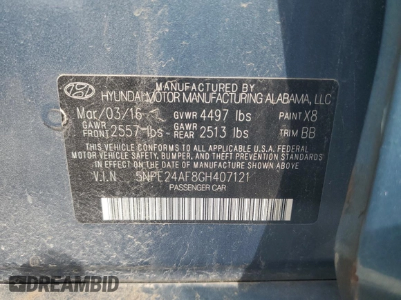 2016 Hyundai Sonata SE with VIN 5NPE24AF8GH407121, listed as a Copart auction lot 55057895 with 114,906 mi miles and Salvage Title. Bid and sale history available at carsss.com. Image 12.
