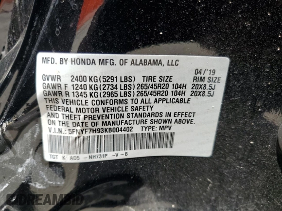 2019 Honda Passport Touring with VIN 5FNYF7H93KB004402, listed as a Copart auction lot 57576185 with 54,597 mi miles and Salvage title. Bid and sale history available at DreamBid. Image 13.