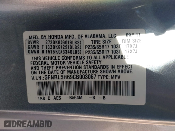 2012 Honda Odyssey EX-L with VIN 5FNRL5H69CB003067, listed as a IAAI auction lot 41862591 with 163,158 mi miles and . Bid and sale history available at carsss.com. Image 9.