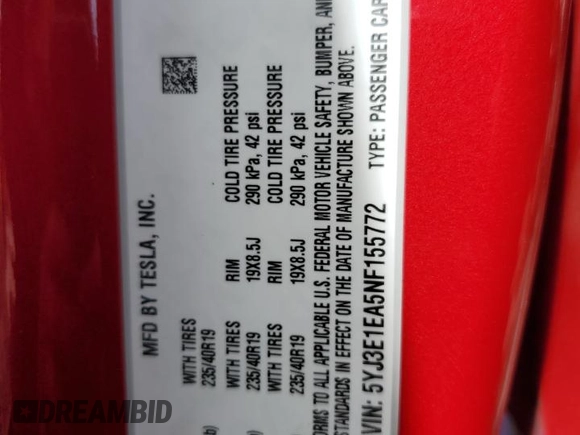 2022 Tesla Model 3 z VIN 5YJ3E1EA5NF155772, wystawiony jako Copart lot #50805725 z przebiegiem 73 491 mil mil oraz Szkoda całkowita • Salvage title. Historia ofert i sprzedaży dostępna na DreamBid. Obrazek 15.