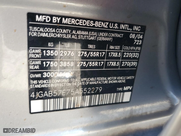 2005 Mercedes-Benz M-Class 3.7L with VIN 4JGAB57E75A552279, listed as a Copart auction lot 80696054 with 283,799 mi miles and Salvage Title. Bid and sale history available at carsss.com. Image 13.