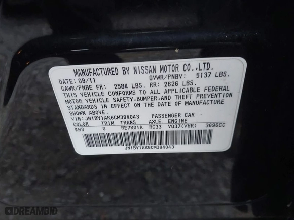 2012 Infiniti M37 with VIN JN1BY1AR6CM394043, listed as a IAAI auction lot 41139279 with 164,857 mi miles. Bid and sale history available at carsss.com. Image 9.