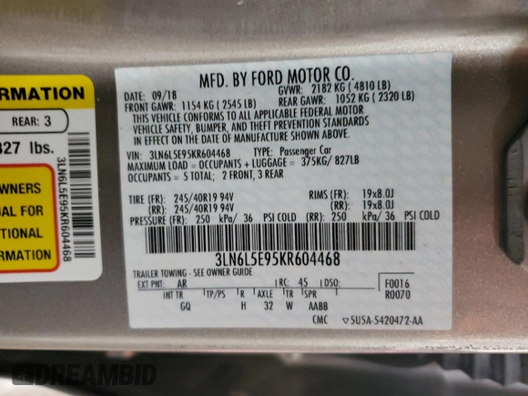 2019 Lincoln MKZ Reserve II with VIN 3LN6L5E95KR604468, listed as a Copart auction lot 61592725 with 106,895 mi miles and Salvage title. Bid and sale history available at DreamBid. Image 12.