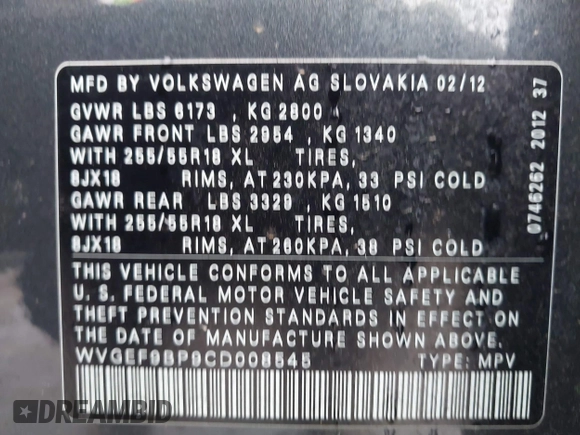 2012 Volkswagen Touareg Sport with VIN WVGEF9BP9CD008545, listed as a IAAI auction lot 41492653 with 138,424 mi miles and . Bid and sale history available at DreamBid. Image 9.