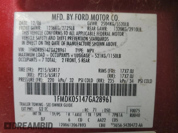 2007 Ford Freestyle SEL with VIN 1FMDK05147GA28961, listed as a Copart auction lot 80163974 with 198,357 mi miles and Clean title. Bid and sale history available at DreamBid. Image 13.