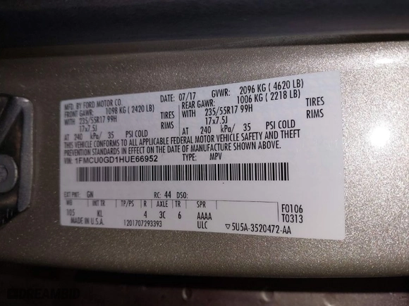 2017 Ford Escape SE with VIN 1FMCU0GD1HUE66952, listed as a IAAI auction lot 41750959 with 86,442 mi miles. Bid and sale history available at carsss.com. Image 9.