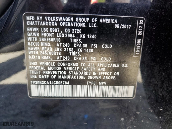 2018 Volkswagen Atlas 3.6L V6 SE with VIN 1V2KR2CA1JC505784, listed as a Copart auction lot 49358175 with 120,179 mi miles and Salvage Title. Bid and sale history available at carsss.com. Image 15.