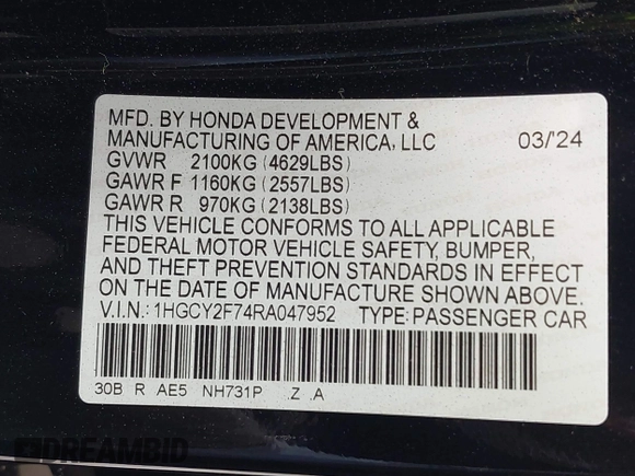 2024 Honda Accord Sport-L with VIN 1HGCY2F74RA047952, listed as a IAAI auction lot 42247379 with Not provided miles and . Bid and sale history available at DreamBid. Image 9.